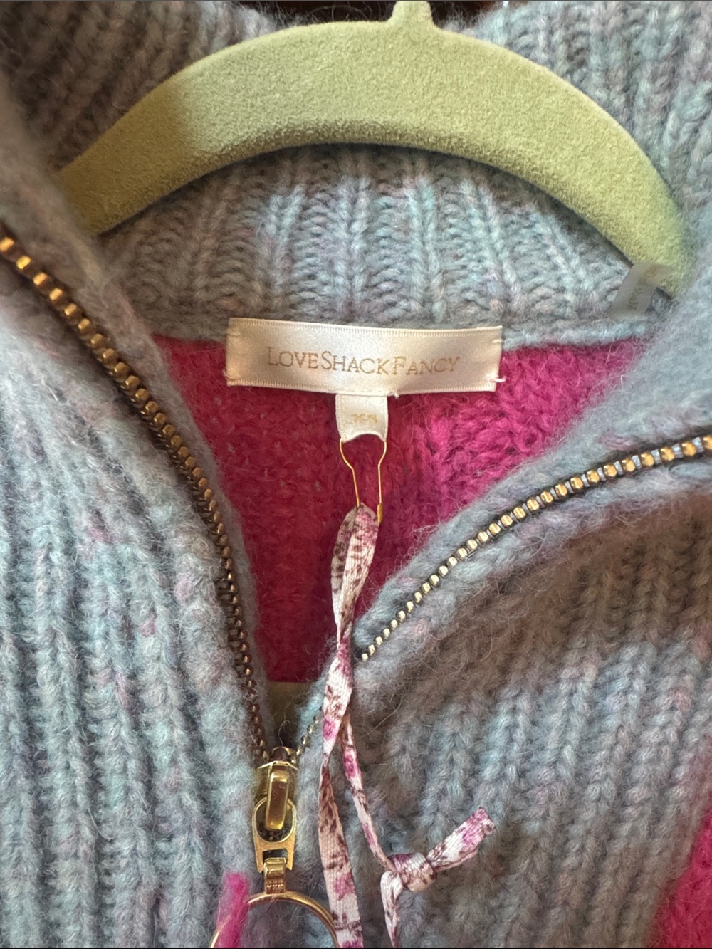 LoveShackFancy Hot Pink Sweater with Light Gray Contrast Turtleneck - Picture 2 of 4
